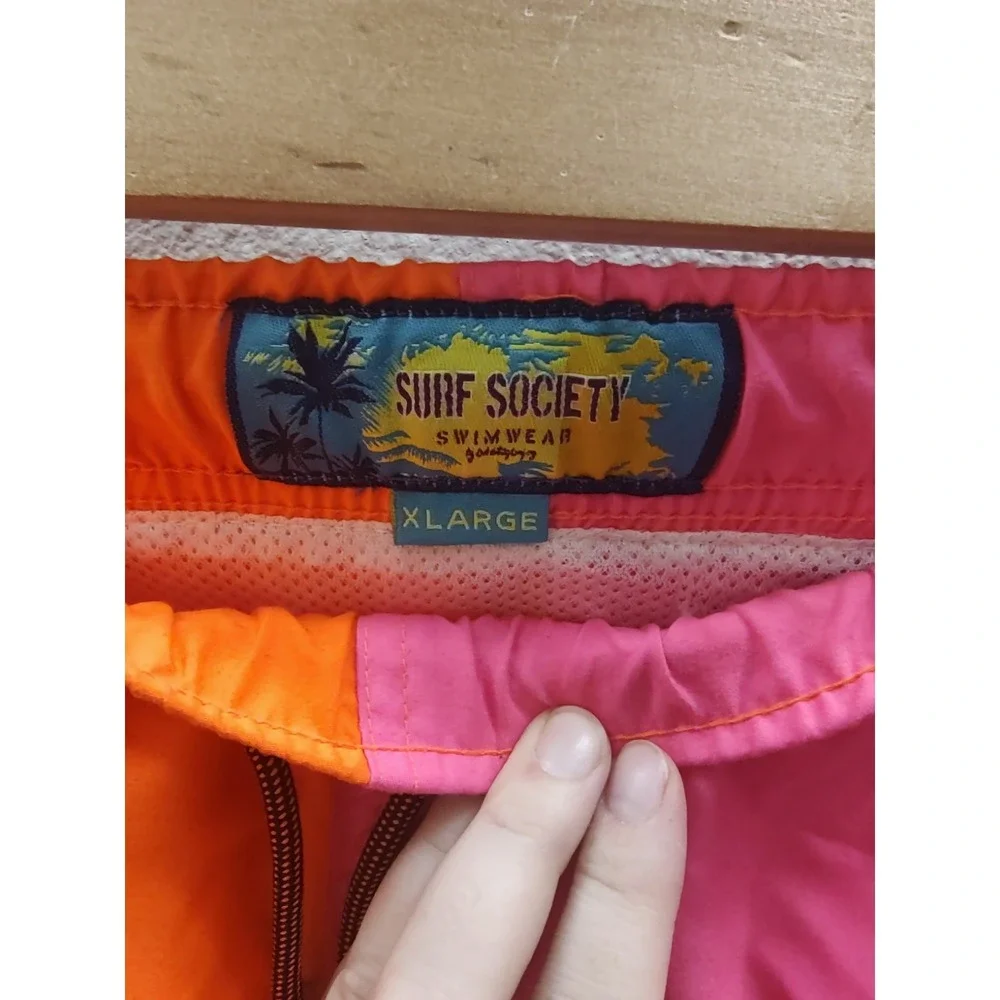 Mens XL Surf Society DrawString Lined Neon Orange Pink Swim Board Shorts A3